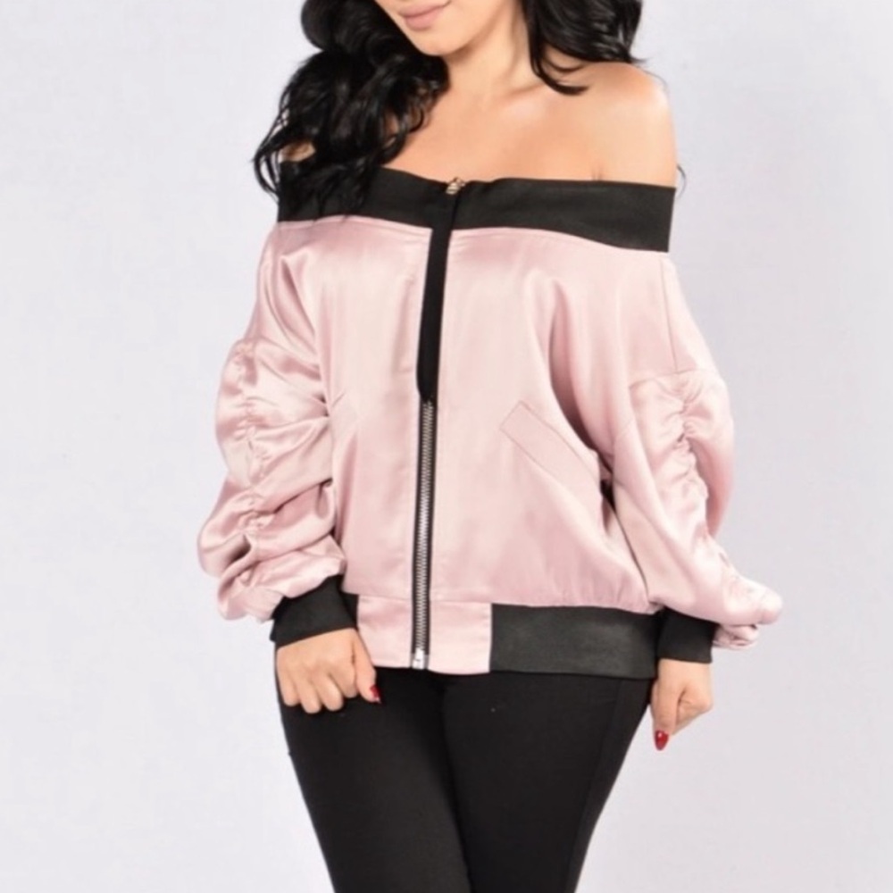 Fashion Nova Pink and Black Off-Shoulder Bomber Jacket✨